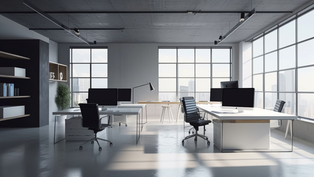 Rymligt, minimalistiskt kontor med vita skrivbord, svarta ergonomiska stolar och stora industrifönster som ger mycket naturligt ljus.