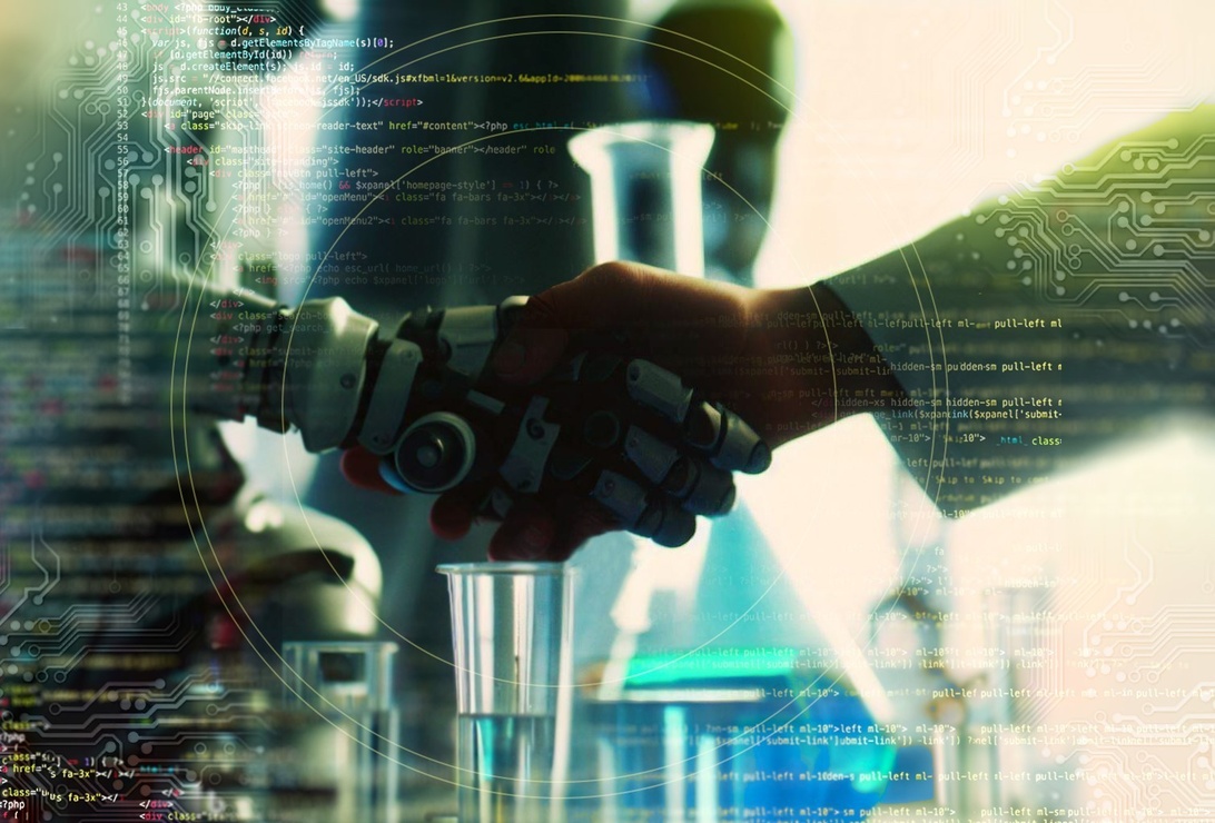 En professionell handskakning mellan en mänsklig hand och en robothand, som symboliserar det värdefulla samarbetet mellan människa och AI i företagsteknologi.